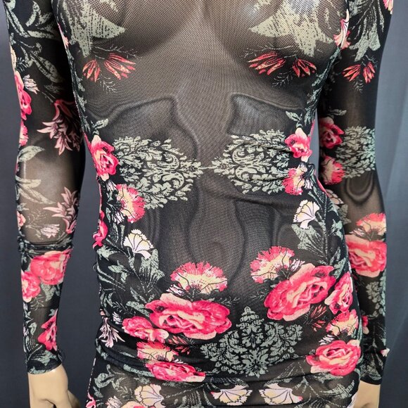 Y2K GUESS Black Floral Sheer Mesh Mini Dress Size XS Long Sleeve Gothic Fairy - Picture 3 of 9